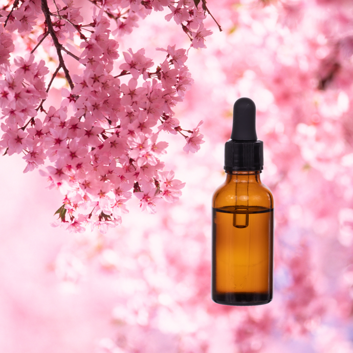 Cherry Blossom Fragrance Oil bottle with floral design, showcasing its luxurious, pure scent blend of cherry blossoms, jasmine, and peony. Hand-poured in Dallas, Texas.