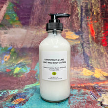 A bottle of Grapefruit & Lime Hand & Body Lotion, offering a refreshing citrus scent and deeply nourishing ingredients like Jojoba and Vitamin E oils, handmade in Dallas, Texas.