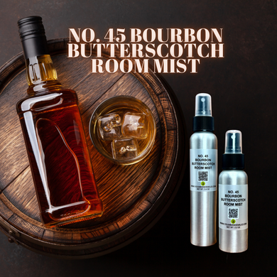 A sleek bottle of No. 45 Bourbon Butterscotch Room Mist, capturing the warm, indulgent essence of bourbon and sweet butterscotch, perfect for refreshing any space. Honoring the 45th President of the United Stated Donald John Trump. 