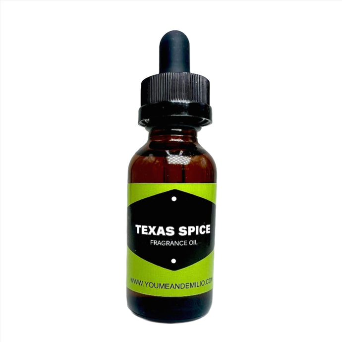 Texas Spice Fragrance Oil bottle with a blend of Apple, Clover, Lemon, and Lavender essential oils, offering a crisp and calming aroma for diffusers, soy candles, soaps, and more. Hand-poured in Dallas, Texas for premium quality.