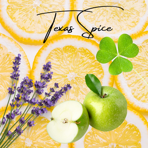 Close-up of the Texas Spice Soy Candle's label, highlighting its Apple, Clover, Lemon, and Lavender fragrance blend.